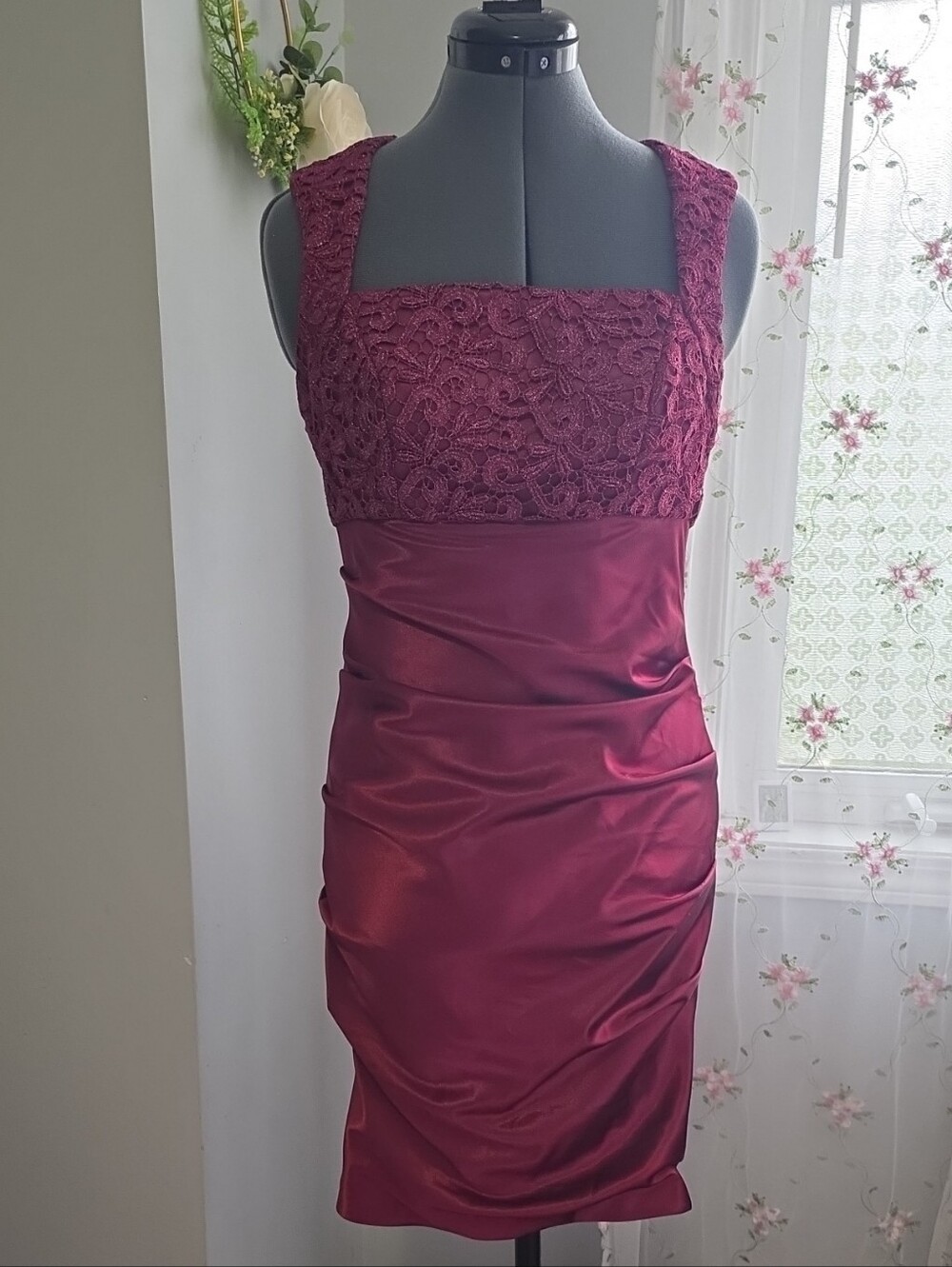 Le Chateau Burgundy Lace-Top Satin Midi Dress